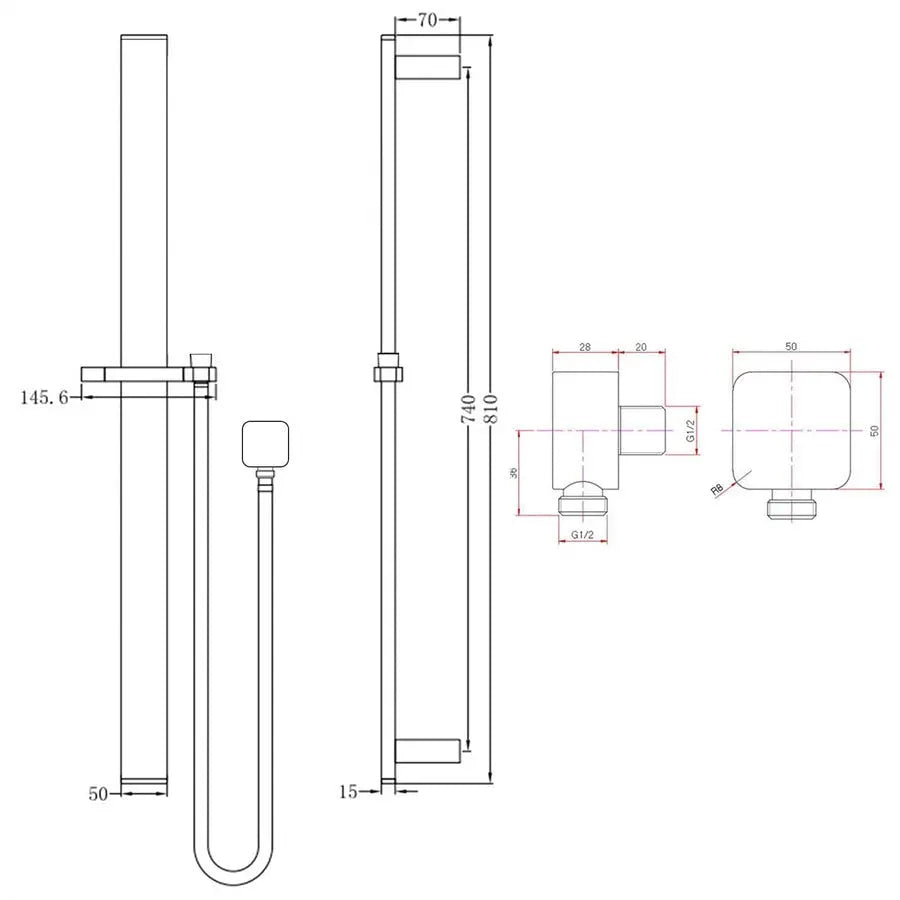 Square Sliding Shower Rail without handheld Shower (PVC Hose) - in Gun Metal and Brushed Brass