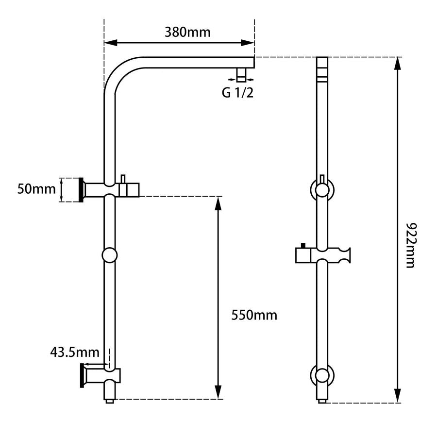 Right Angle Round Chrome or Matte Black Top Inlet Shower Rail
