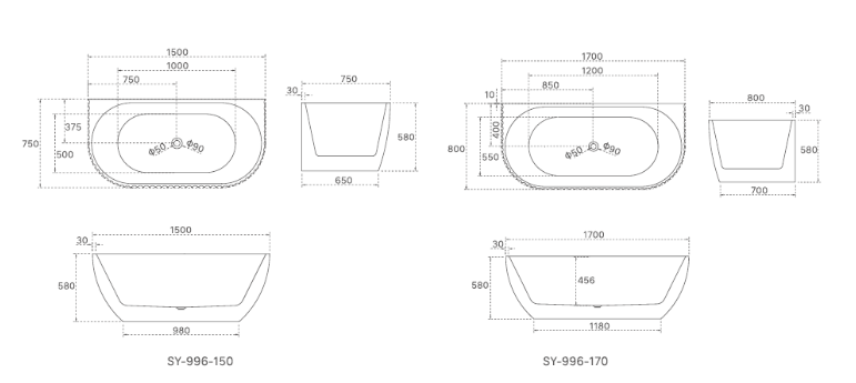 LAMONT Back to Wall Bathtub - 2 Sizes Available.