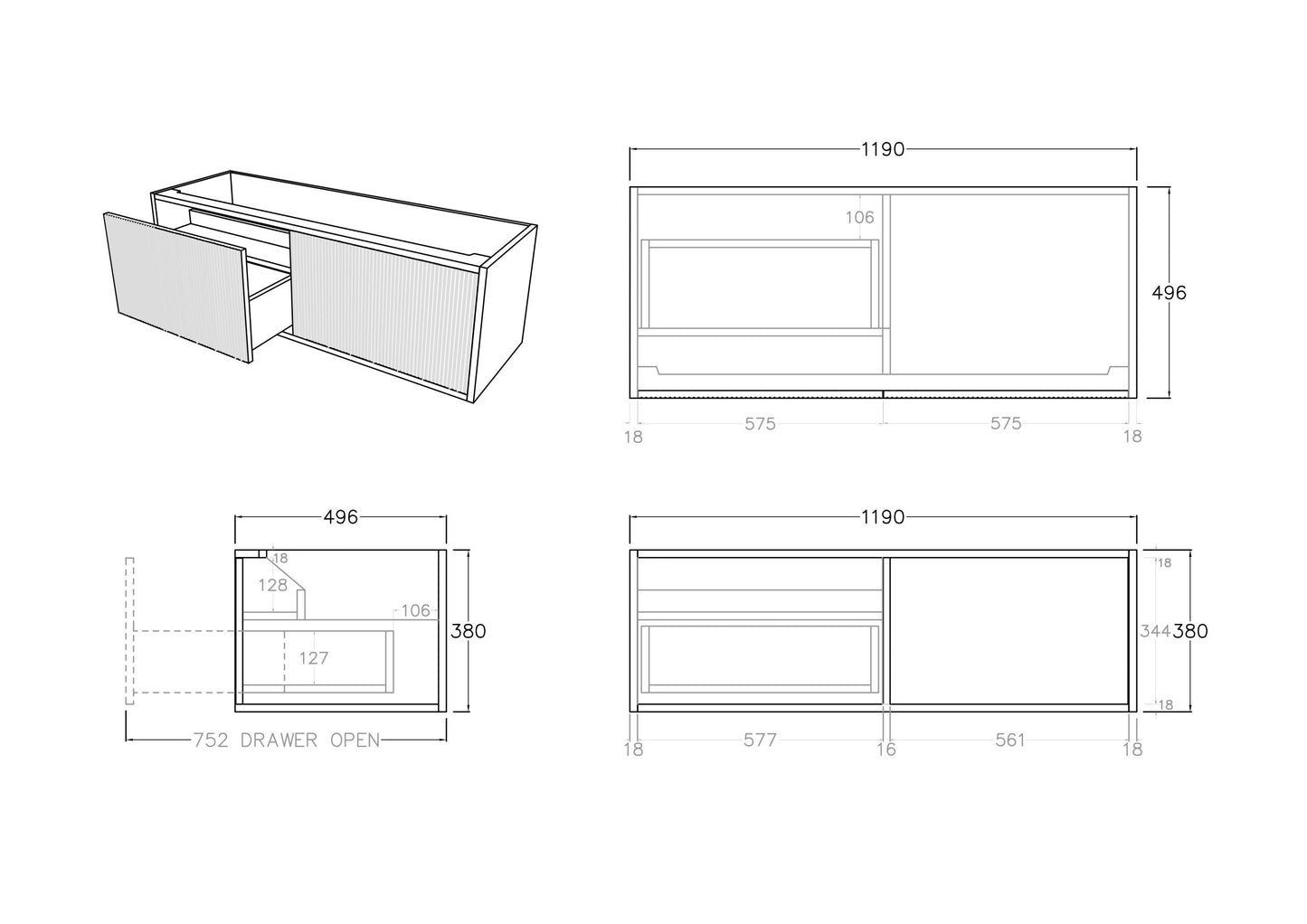 BELLEVUE Wall Hung Vanity - 2 Color's & 5 Sizes Available