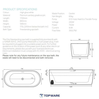 Elisi 1700 Freestanding Spa Bath 12-Jets with Overflow  Spa
