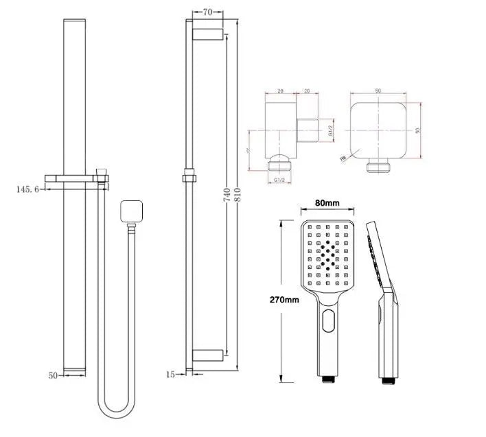 Square Sliding Shower Rail with 3 Mode Handheld Shower Wall Connector Set - in Chrome, Matte Black, Brushed Nickel 
