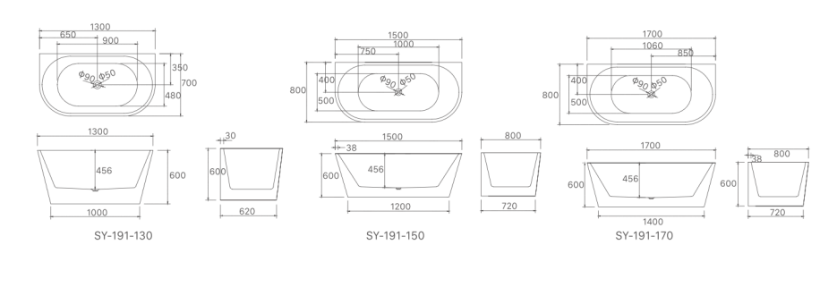 HANNAH Back To Wall Bathtub - 3 Sizes Available.