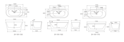 HANNAH Back To Wall Bathtub - 3 Sizes Available.