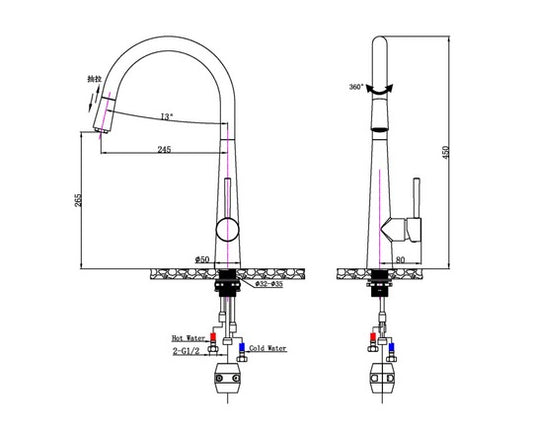 Round Chrome Pull Out Kitchen Sink Mixer Tap