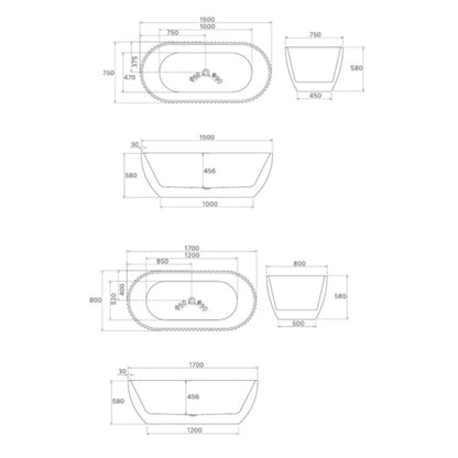 Henley 1500/ 1700mm Matte White Fluted Freestanding Bath Tub  Bathtub