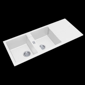 White Granite Quartz Stone Kitchen Sink Double Bowls Drainboard Top/Undermount