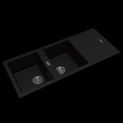 Black Granite Quartz Stone Kitchen Sink Double Bowls Drainboard Top/Undermount