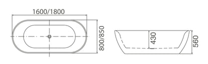 SORRENTO Free Standing Oval bath tub - in 2 Sizes (1600mm, 1800mm)