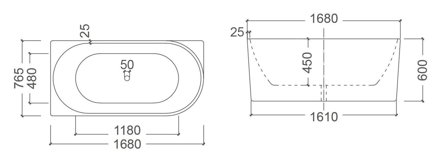 BONDI Square Free Standing Back to Wall Bathtub - Right or Left Hand Side - in 2 Sizes (1485mm,1680mm)