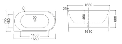 BONDI Square Free Standing Back to Wall Bathtub - Right or Left Hand Side - in 2 Sizes (1485mm,1680mm)