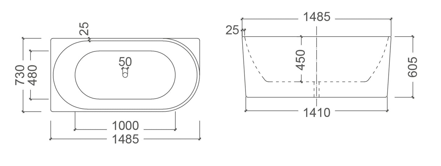 BONDI Square Free Standing Back to Wall Bathtub - Right or Left Hand Side - in 2 Sizes (1485mm,1680mm)