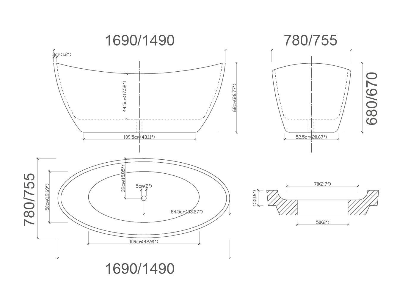 BRAVO Free Standing Bath Tub - Gloss white and Matte Black - in 2 Sizes (1490mm,1690mm)