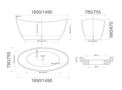 BRAVO Free Standing Bath Tub - Gloss white and Matte Black - in 2 Sizes (1490mm,1690mm)