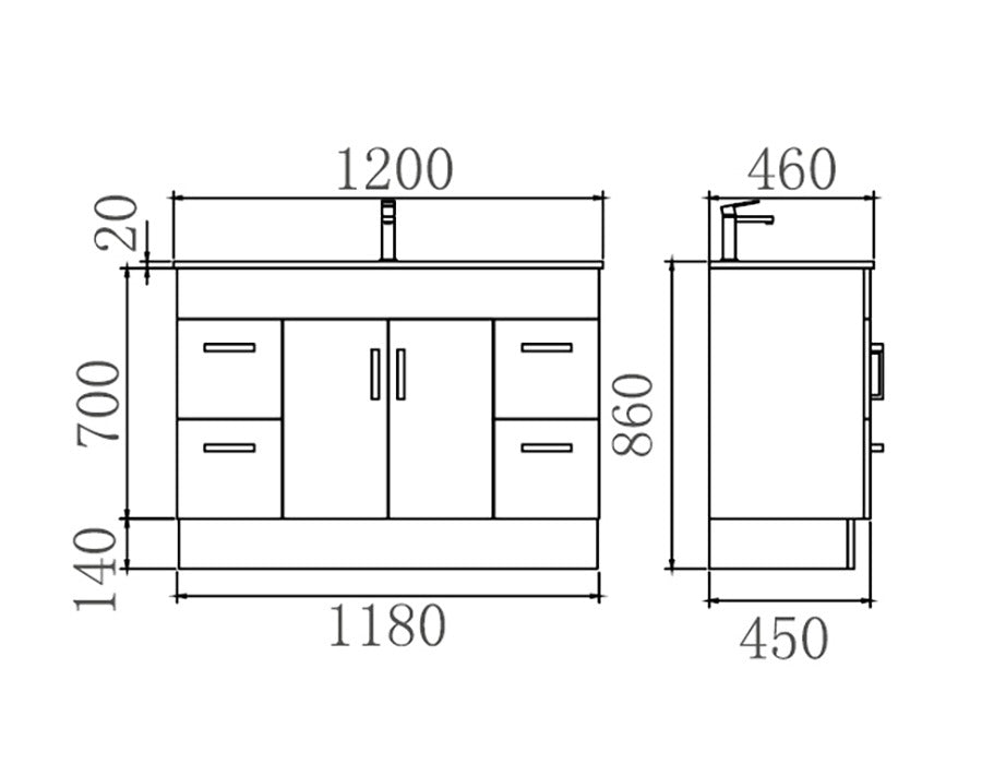 NOVO Freestanding Vanity - in 2 Sizes (900,1200mm) - Ceramic or Stone Top