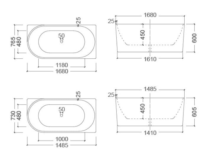 BONDI Square Free Standing Back to Wall Bathtub - Right or Left Hand Side - in 2 Sizes (1485mm,1680mm)
