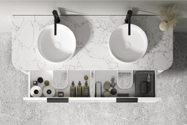 PIAZA Wall Hung Vanity - in 3 Sizes - Stone top -  5 Handle Color Options