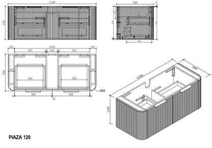 PIAZA Wall Hung Vanity - in 3 Sizes - Stone top -  5 Handle Color Options