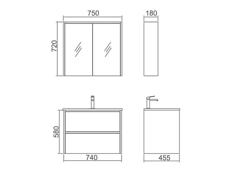 NEON Wall Hung Vanity with LED - in 3 Sizes - Ceramic and Stone Top