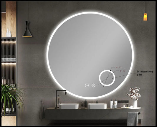 Round LED Mirror 900mm 3 Color Lighting Acrylic Touch Sensor Switch Defogger Pad Wall Mounted (Come with Magnifier) - Lighting on the rim