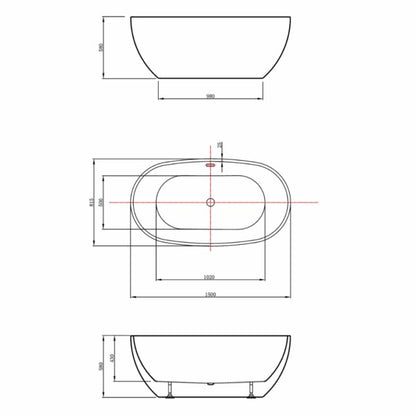 Aqua 1500mm Overflow Freestanding Gloss White Bathtub  Bathtub