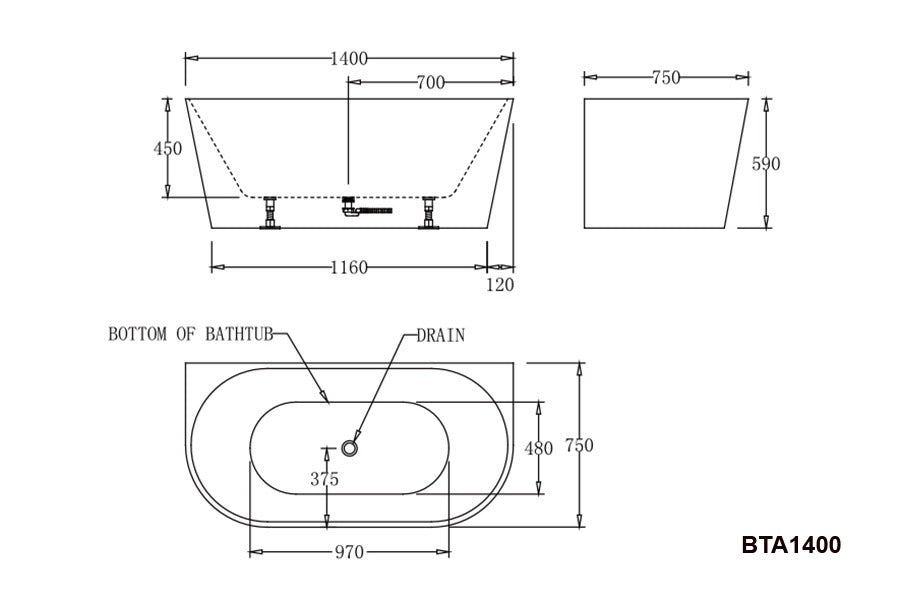 ATLANTA Back to Wall Bathtub - in 3 Sizes (1400,1500,1700mm)