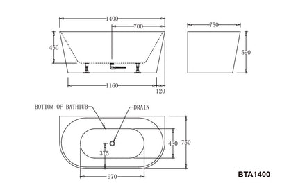 ATLANTA Back to Wall Bathtub - in 3 Sizes (1400,1500,1700mm)