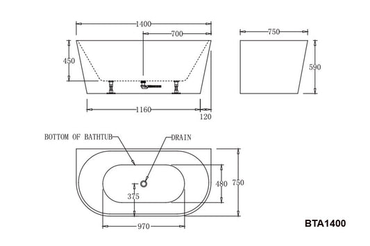 ATLANTA Back to Wall Bathtub - in 3 Sizes (1400,1500,1700mm)