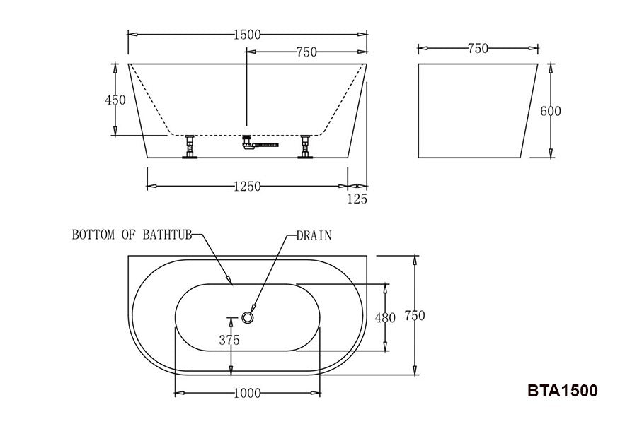 ATLANTA Back to Wall Bathtub - in 3 Sizes (1400,1500,1700mm)