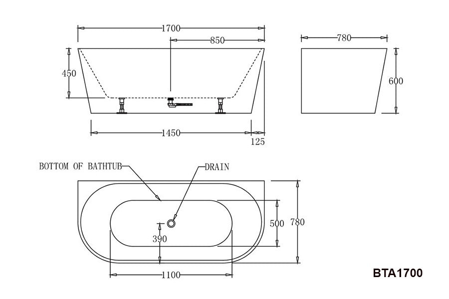 ATLANTA Back to Wall Bathtub - in 3 Sizes (1400,1500,1700mm)