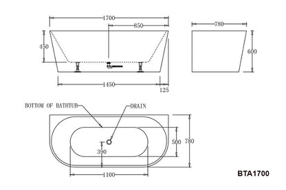 ATLANTA Back to Wall Bathtub - in 3 Sizes (1400,1500,1700mm)