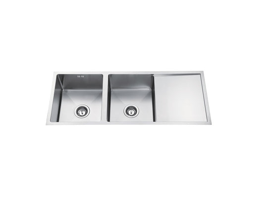 Atlas Double Bowl Handmade Chrome Kitchen Sink - 1114x440x250mm