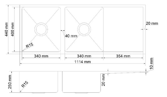 Atlas Double Bowl Kitchen Sink Handmade in Gold - 1114x450x250mm
