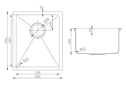 Atlas Single Bowl Handmade Chrome Kitchen Sink 380×450x200mm