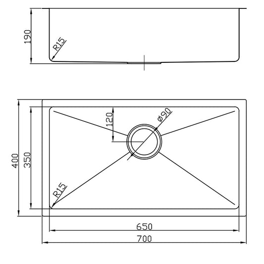 Atlas Single Bowl Handmade Chrome Kitchen Sink - 700x400x190mm