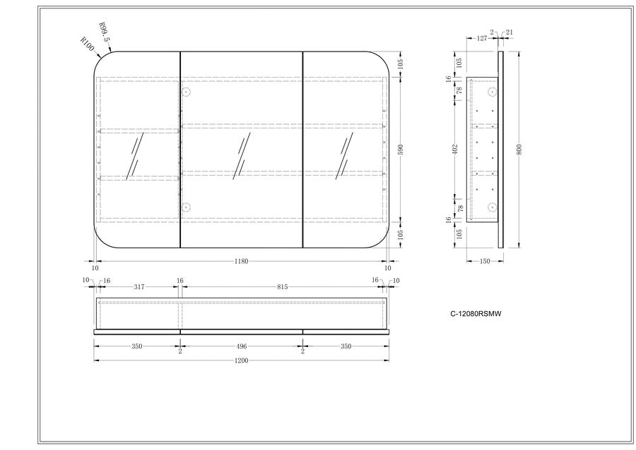 GRAND Shaving Cabinet 1200x800mm - MATTE WHITE Carysil