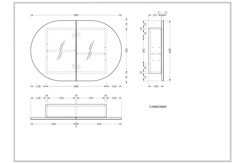 Mystic OVAL Shaving Cabinet 900x600mm - WALNUT Carysil