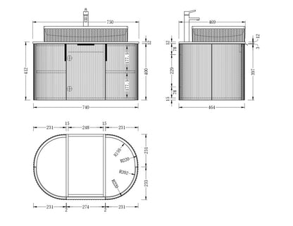 CARYSIL 750mm Fluted Wall Hung Vanity - Matte White - 750x469x412mm