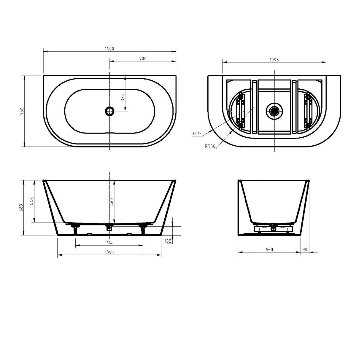 CORTONA Back To Wall Bathtub- 3 Sizes Available