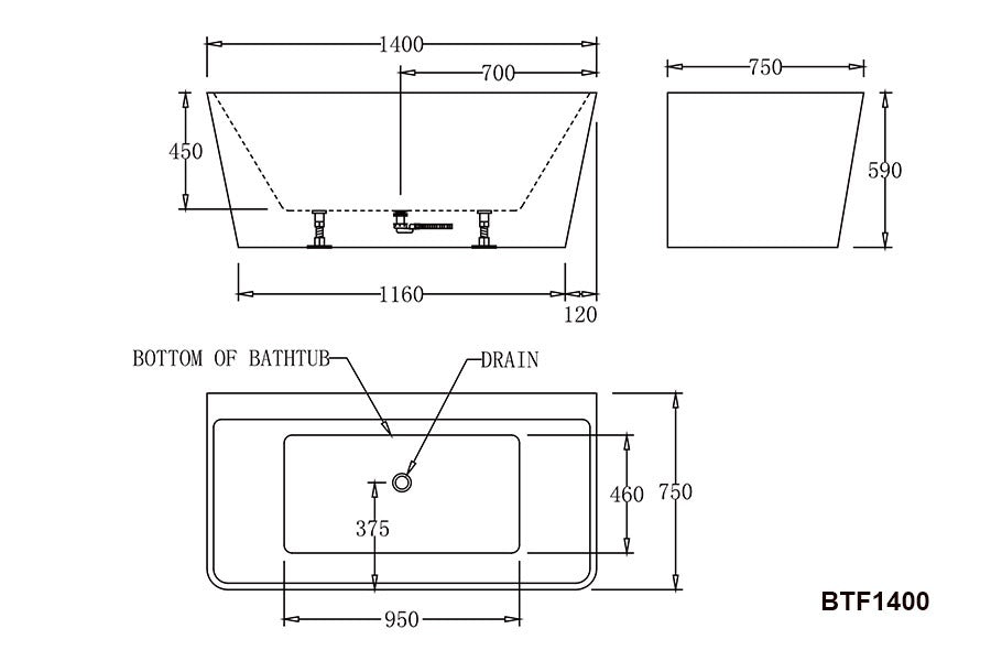 FLORENCE Back to Wall Bathtub - Black / White - in 3 Sizes (1400,1500,1700mm)