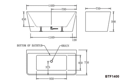FLORENCE Back to Wall Bathtub - Black / White - in 3 Sizes (1400,1500,1700mm)