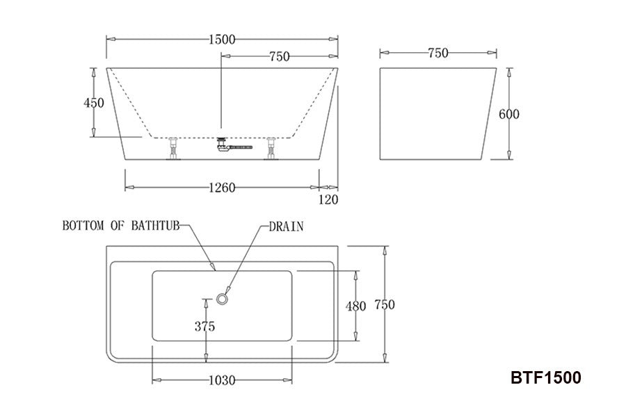 FLORENCE Back to Wall Bathtub - Black / White - in 3 Sizes (1400,1500,1700mm)