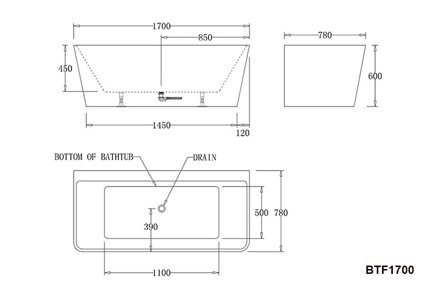 FLORENCE Back to Wall Bathtub - Black / White - in 3 Sizes (1400,1500,1700mm)