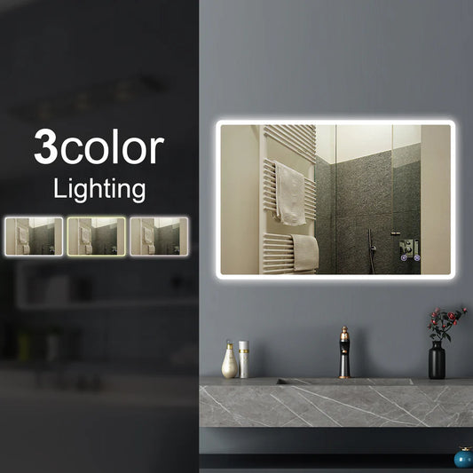 Rectangle LED Mirror 1200x800mm, 1500x800mm Curved Rim Rectangle 3 Color Lighting Touch Sensor Switch Defogger Pad Wall Mounted - Lighting on the rim