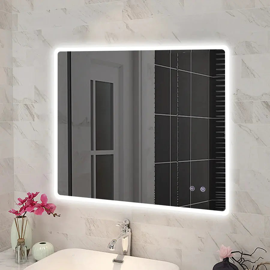 Rectangle LED Mirror 900x750mm Curved Rim 3 Color Lighting Touch – Tezmo