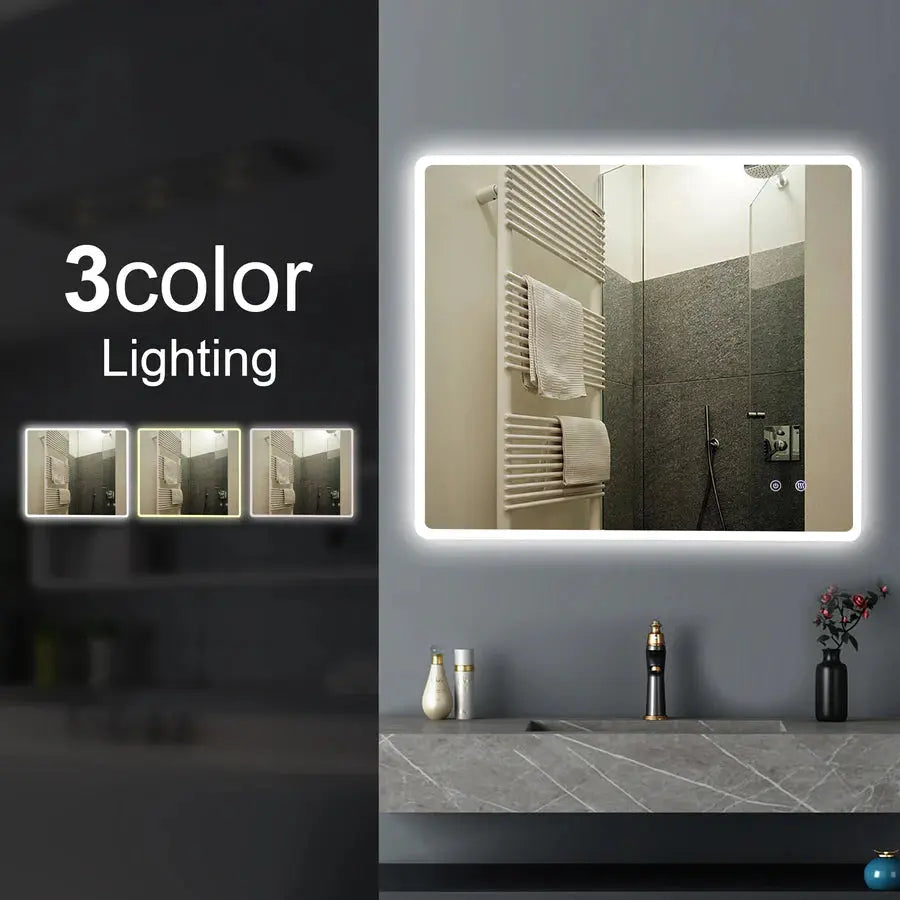 Rectangle LED Mirror 900x750mm Curved Rim 3 Color Lighting Touch – Tezmo
