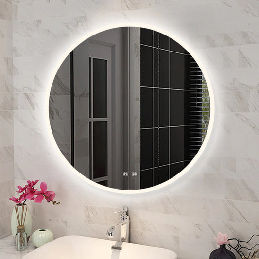 Round LED Mirror 3 Color Lighting Touch Sensor Switch Defogger Pad Wall Mounted - Lighting on the rim