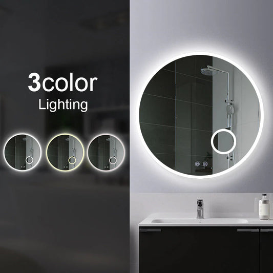 Round LED Mirror 900mm 3 Color Lighting Acrylic Touch Sensor Switch Defogger Pad Wall Mounted (Come with Magnifier) - Lighting on the rim
