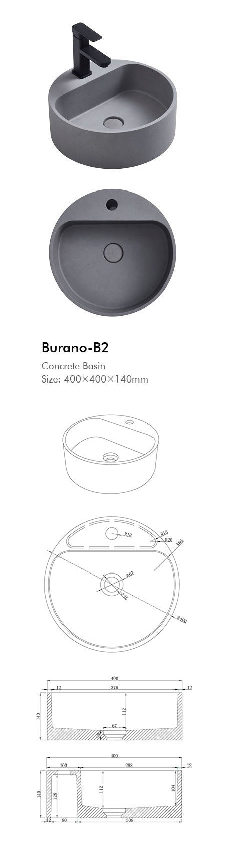 BURANO Round Concrete Basin- 5 Color's Available