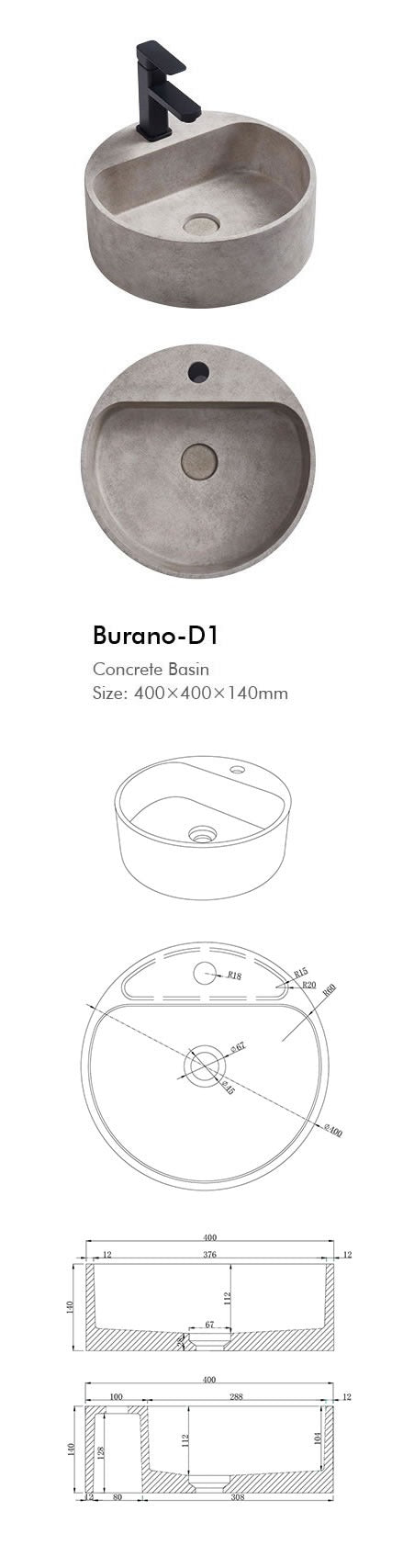 BURANO Round Concrete Basin- 5 Color's Available